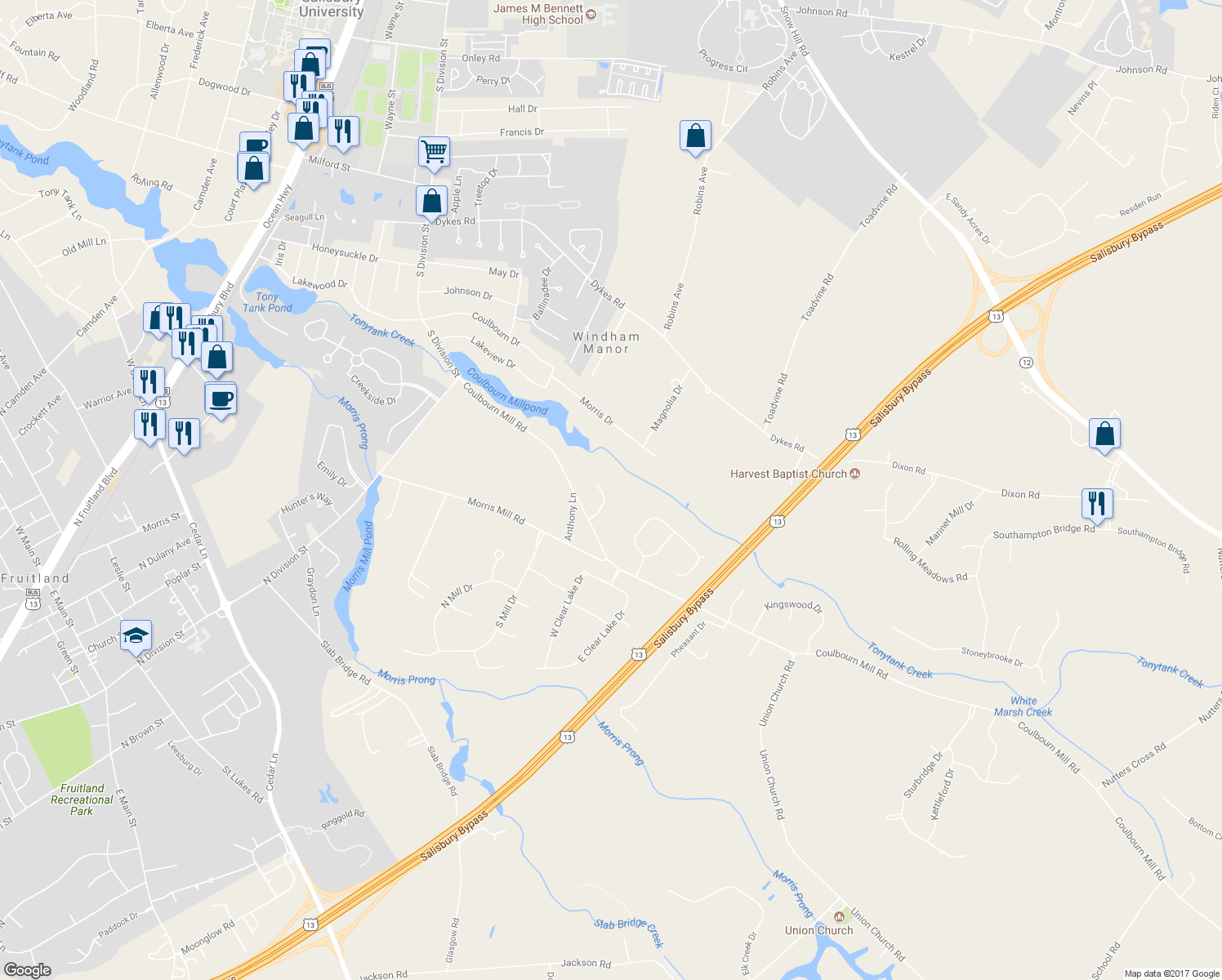 map of restaurants, bars, coffee shops, grocery stores, and more near 4835 Goose Creek Drive in Salisbury