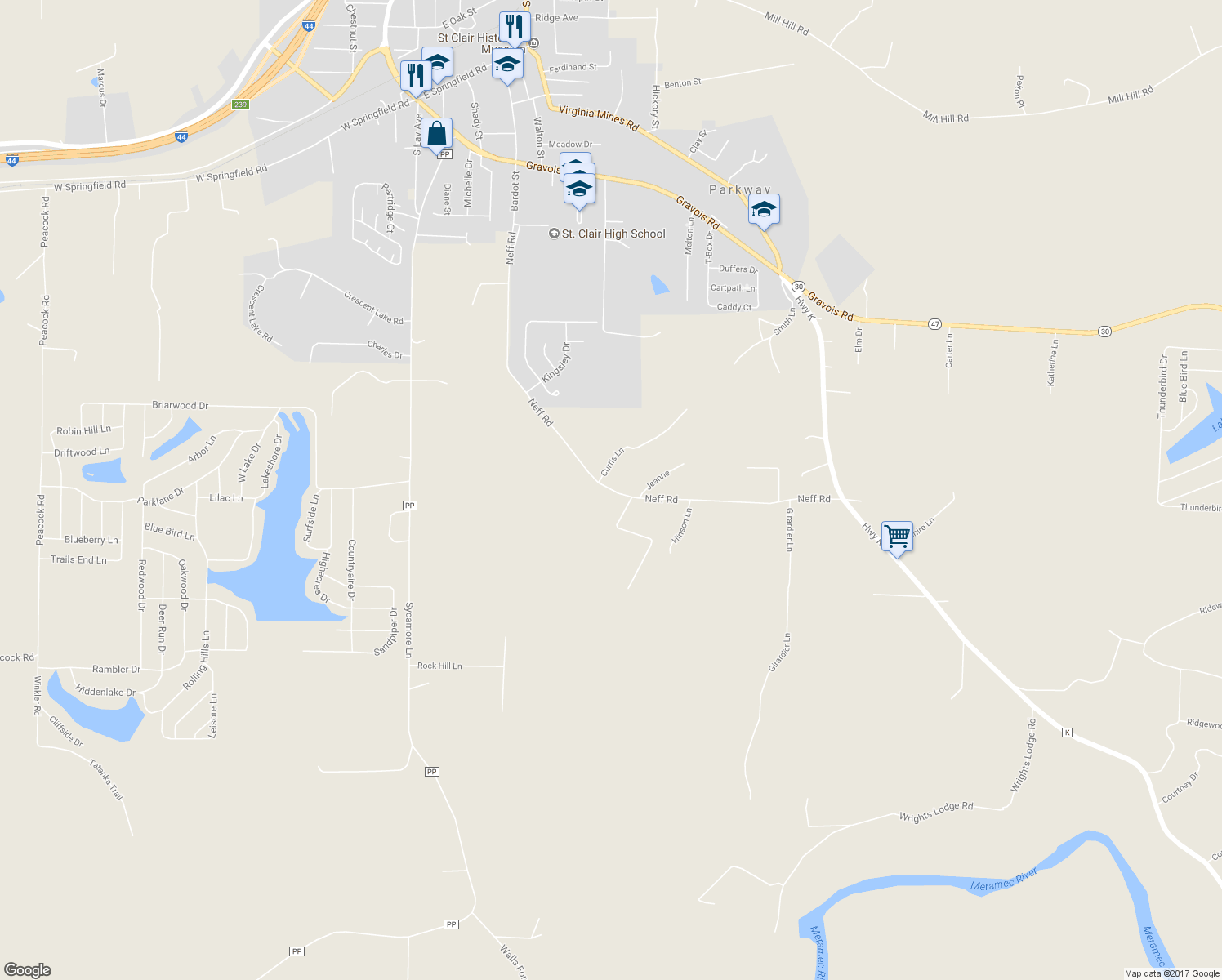 map of restaurants, bars, coffee shops, grocery stores, and more near 1579 Neff Road in Saint Clair