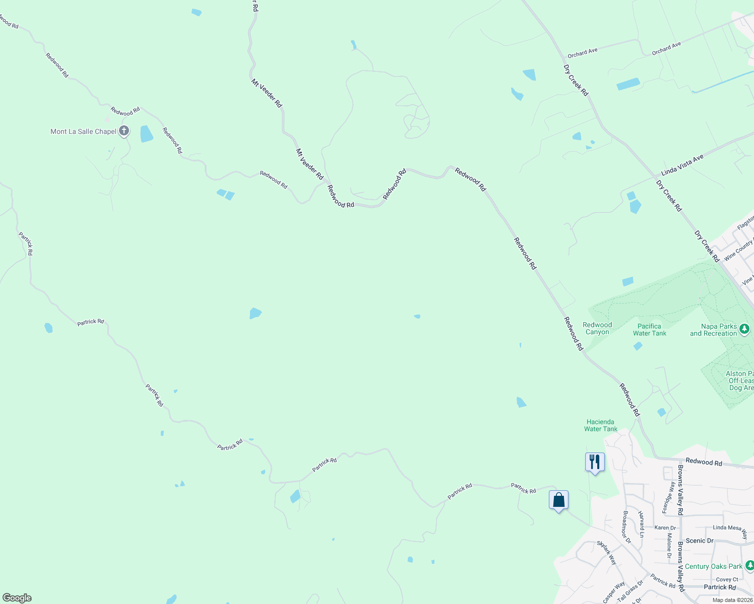 map of restaurants, bars, coffee shops, grocery stores, and more near Redwood Road in Napa