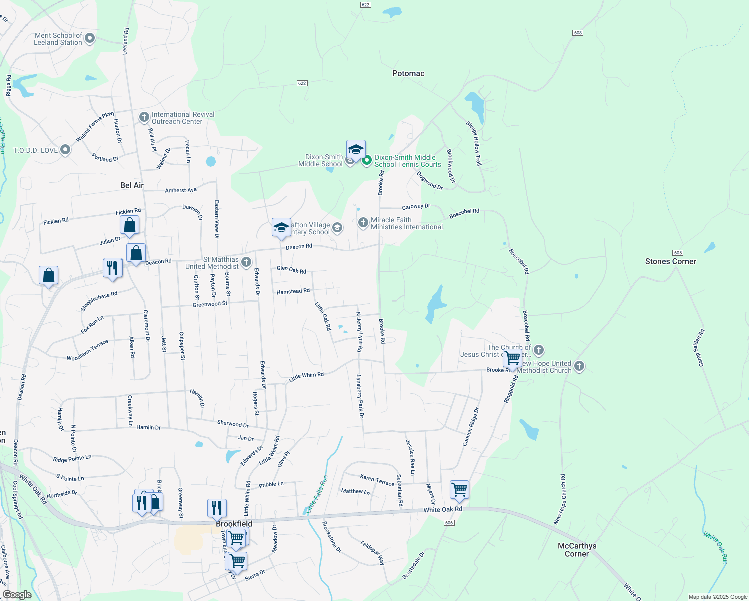 map of restaurants, bars, coffee shops, grocery stores, and more near 2 Little Field Drive in Fredericksburg