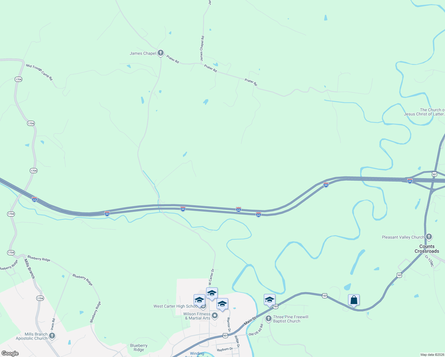 map of restaurants, bars, coffee shops, grocery stores, and more near 507 Meadowbrook Lane in Olive Hill