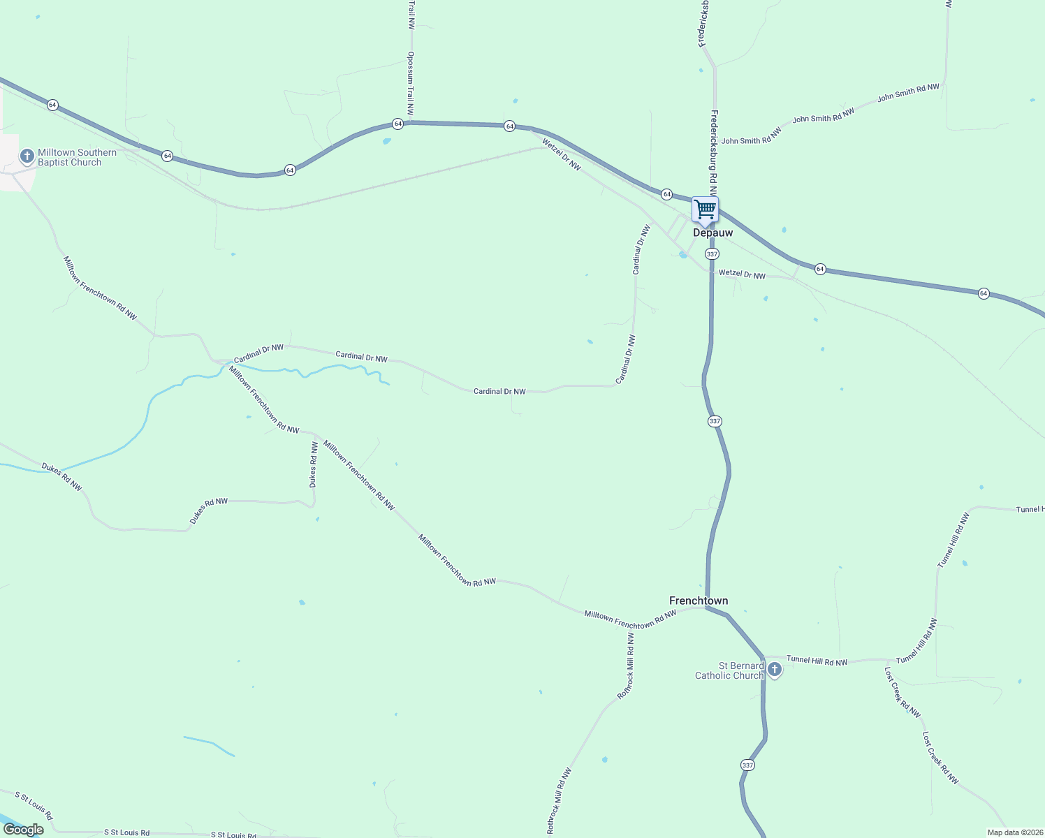 map of restaurants, bars, coffee shops, grocery stores, and more near 5755 Cardinal Drive Northwest in Depauw