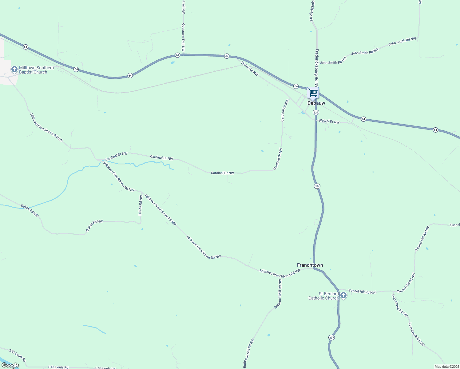 map of restaurants, bars, coffee shops, grocery stores, and more near 5755 Cardinal Drive Northwest in Depauw