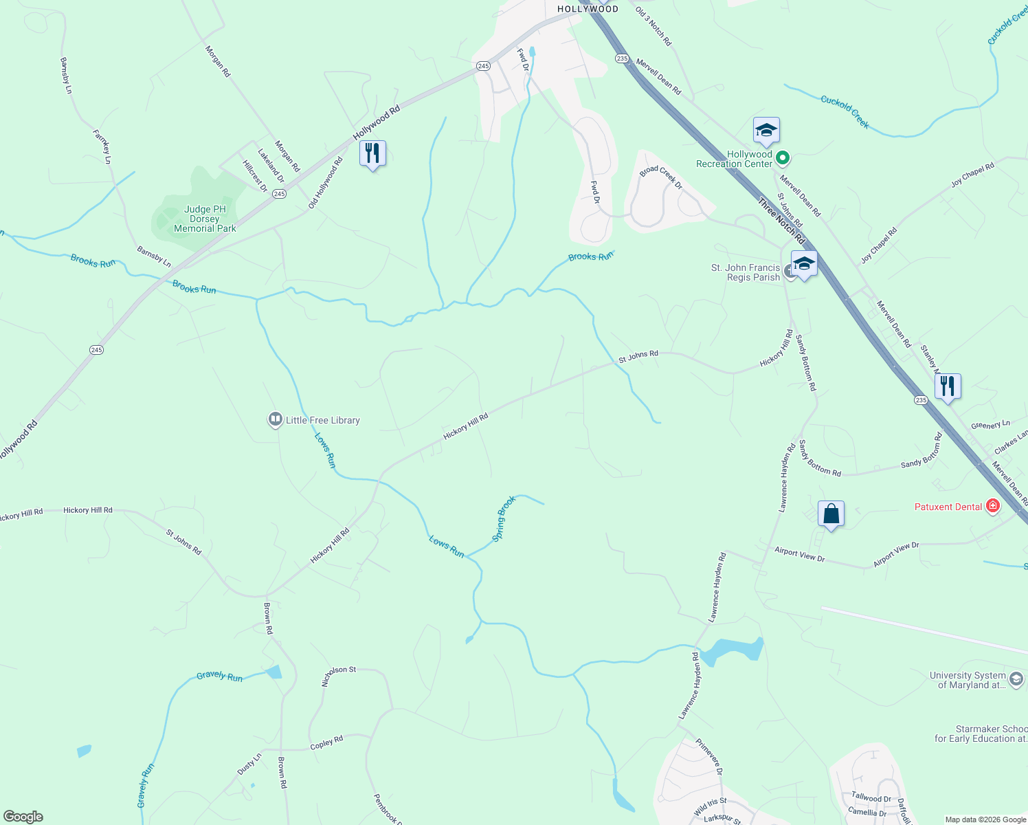 map of restaurants, bars, coffee shops, grocery stores, and more near 43339 Saint Johns Road in Hollywood