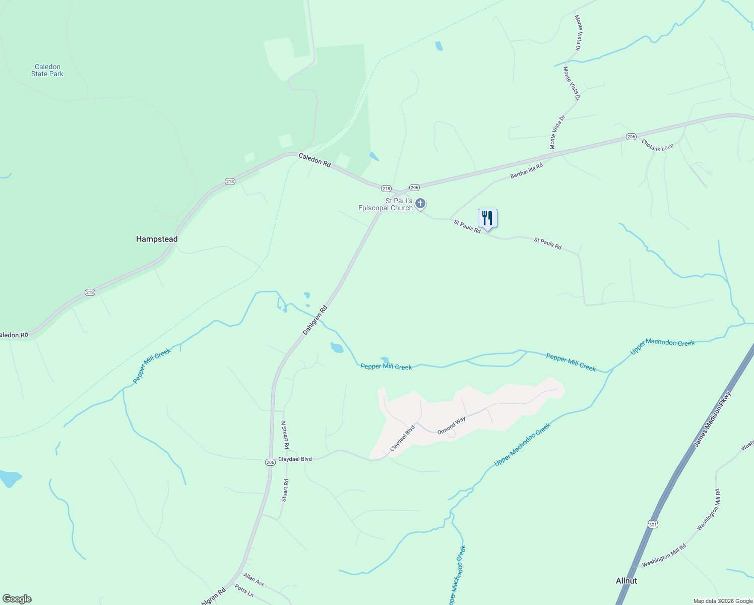 map of restaurants, bars, coffee shops, grocery stores, and more near 12912 Dahlgren Road in King George