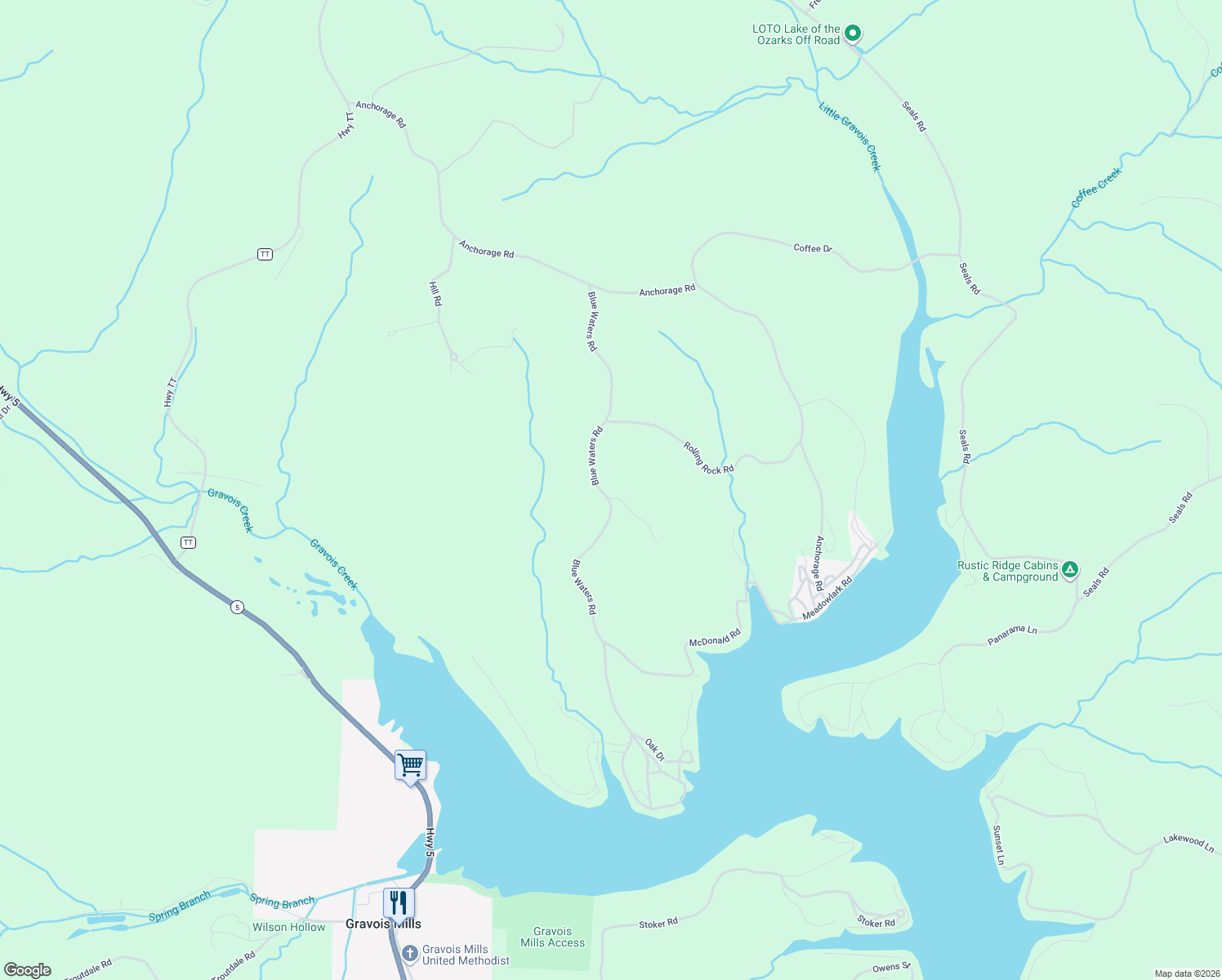 map of restaurants, bars, coffee shops, grocery stores, and more near 24791 Blue Waters Road in Versailles