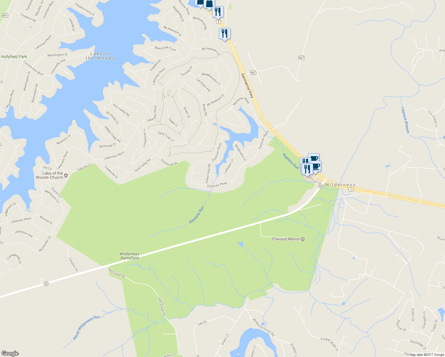 map of restaurants, bars, coffee shops, grocery stores, and more near 116 Larkspur Lane in Locust Grove