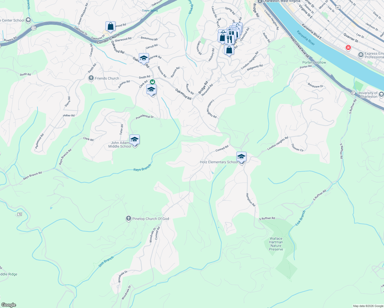 map of restaurants, bars, coffee shops, grocery stores, and more near 1393 Bedford Road in Charleston