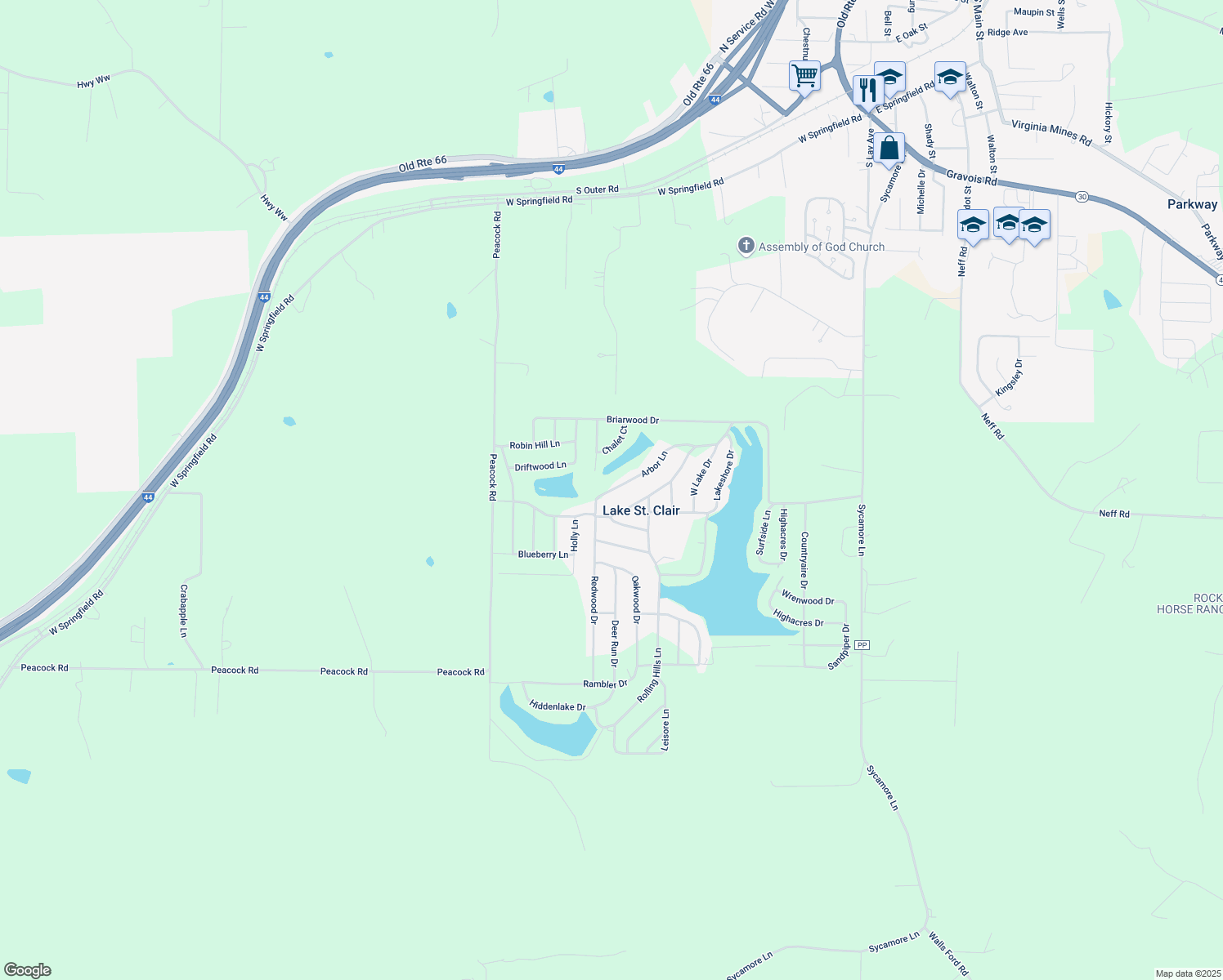map of restaurants, bars, coffee shops, grocery stores, and more near 439 Arbor Lane in Saint Clair