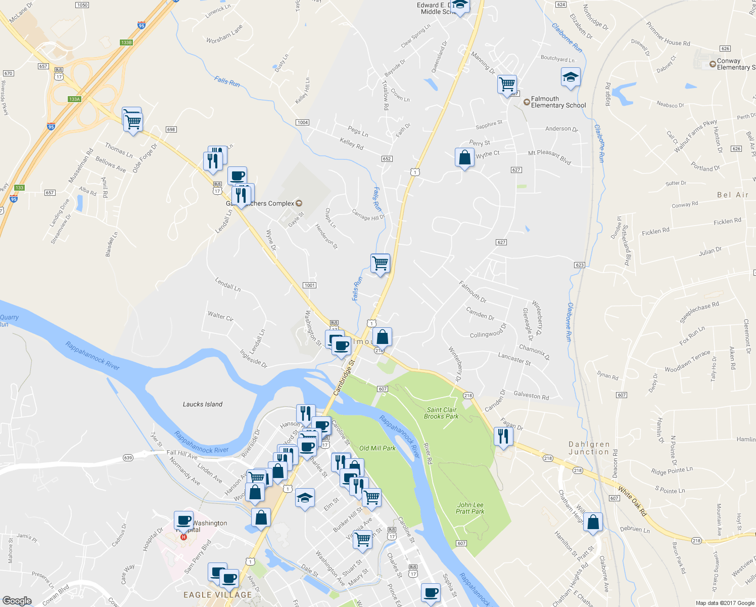 map of restaurants, bars, coffee shops, grocery stores, and more near 137 Cambridge Street in Fredericksburg
