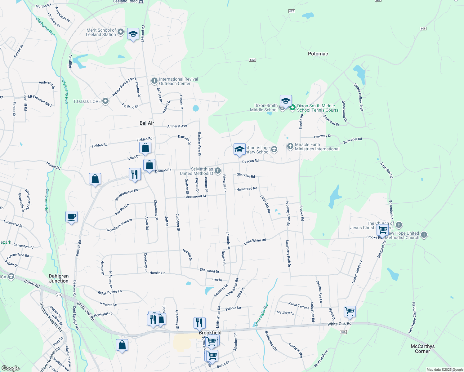 map of restaurants, bars, coffee shops, grocery stores, and more near 24 Summerfield Ln in Fredericksburg