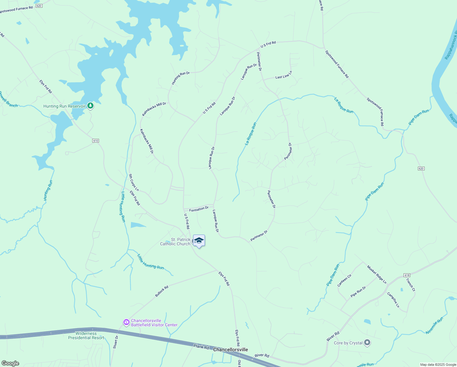 map of restaurants, bars, coffee shops, grocery stores, and more near 8629 Laroque Run Drive in Fredericksburg