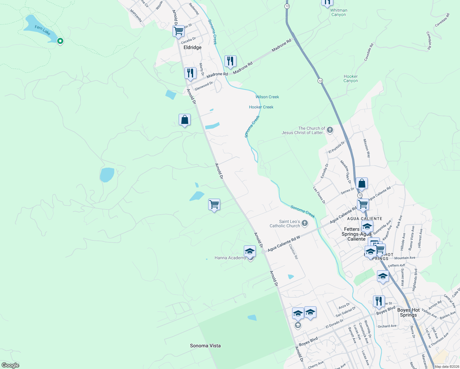 map of restaurants, bars, coffee shops, grocery stores, and more near 16425 Arnold Drive in Sonoma