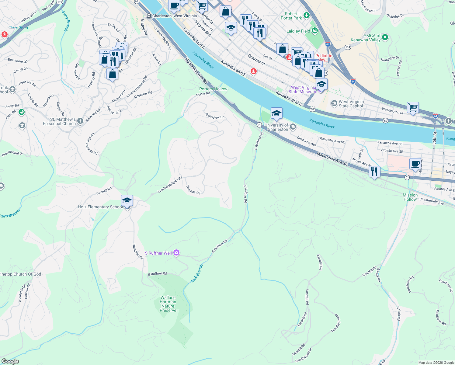 map of restaurants, bars, coffee shops, grocery stores, and more near 1612 East Ridge Place in Charleston