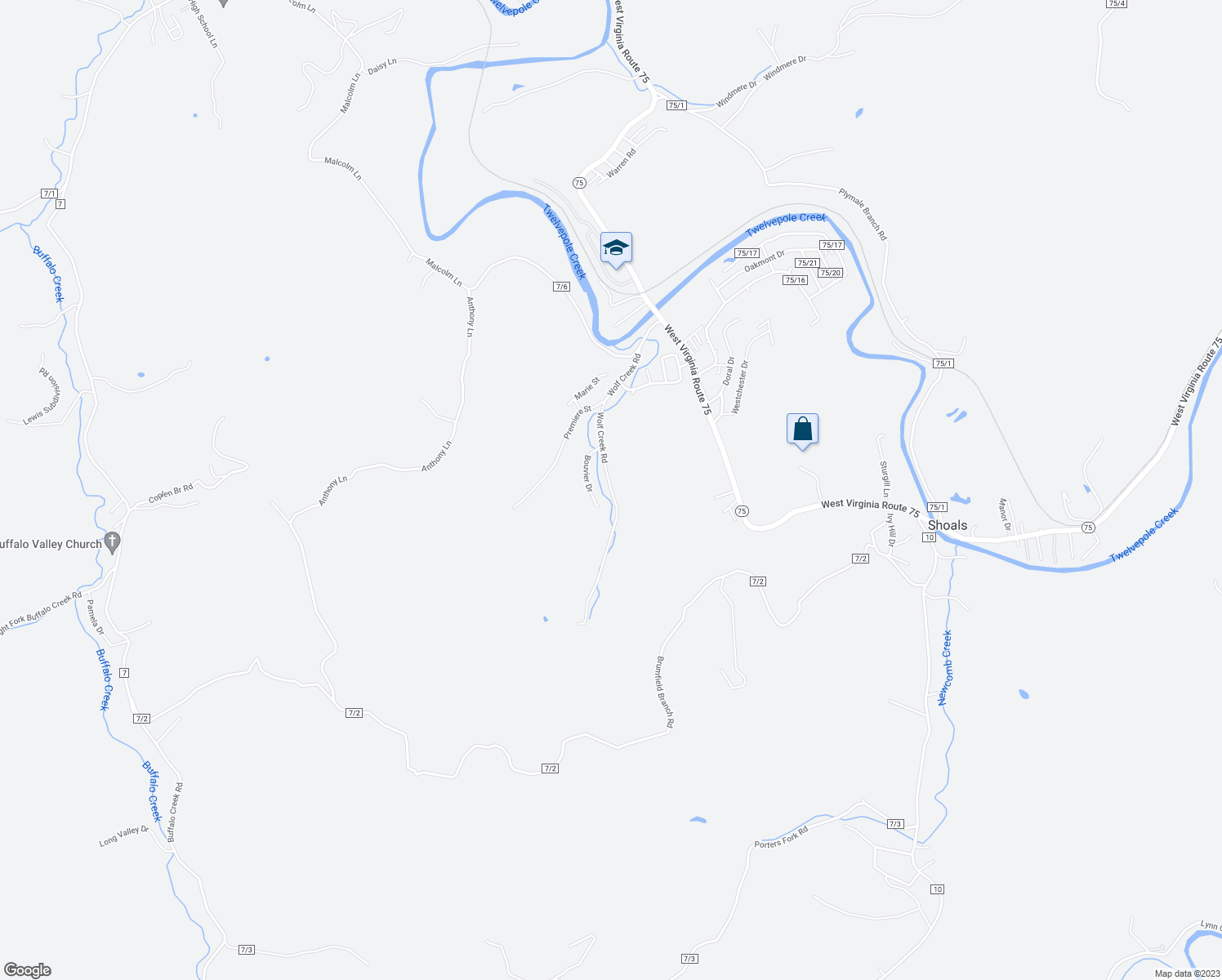 map of restaurants, bars, coffee shops, grocery stores, and more near 3599 Wolf Creek Road in Huntington