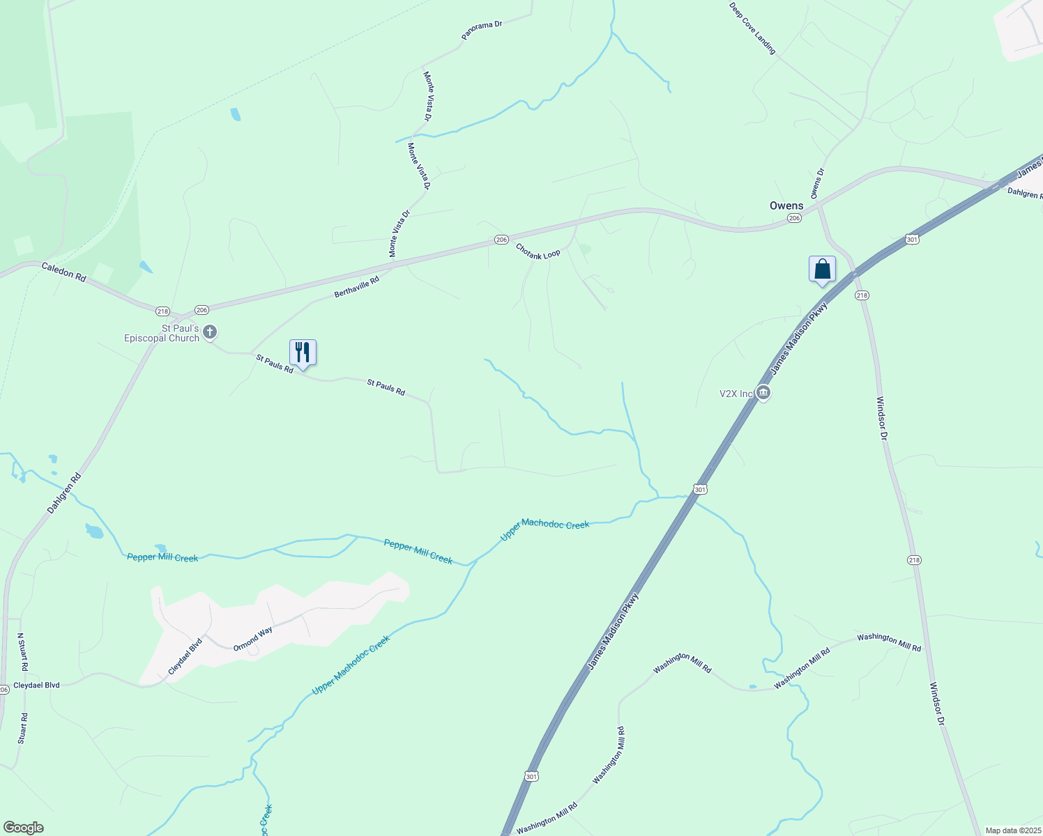 map of restaurants, bars, coffee shops, grocery stores, and more near 6609 Saint Pauls Road in King George