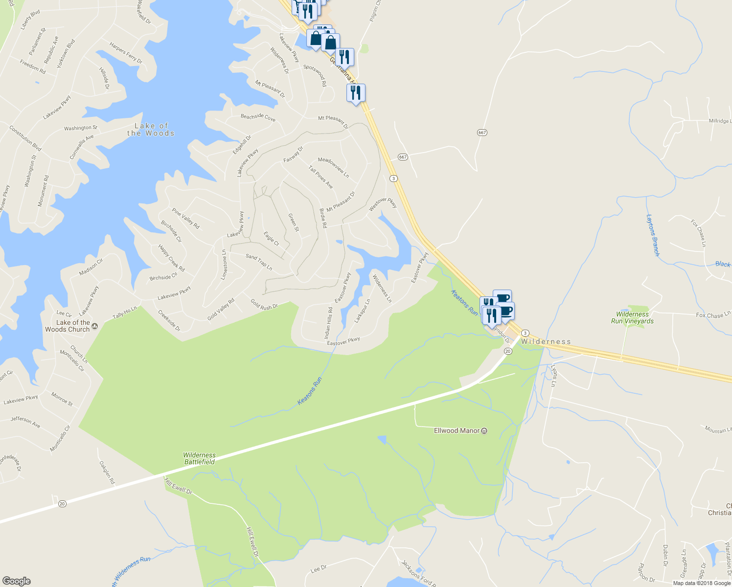 map of restaurants, bars, coffee shops, grocery stores, and more near 139 Larkspur Lane in Locust Grove