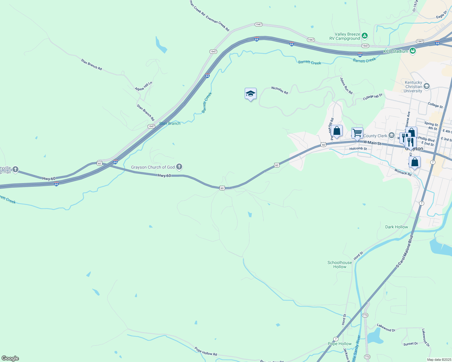 map of restaurants, bars, coffee shops, grocery stores, and more near Radio Tower Road in Carter County