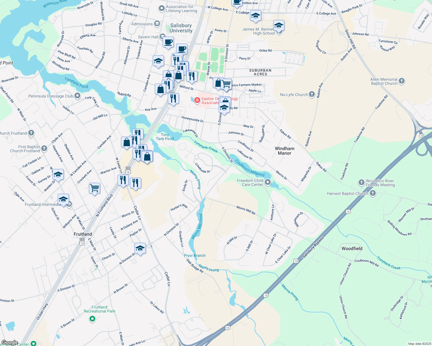 map of restaurants, bars, coffee shops, grocery stores, and more near 204 Sandy Bottom Court in Salisbury