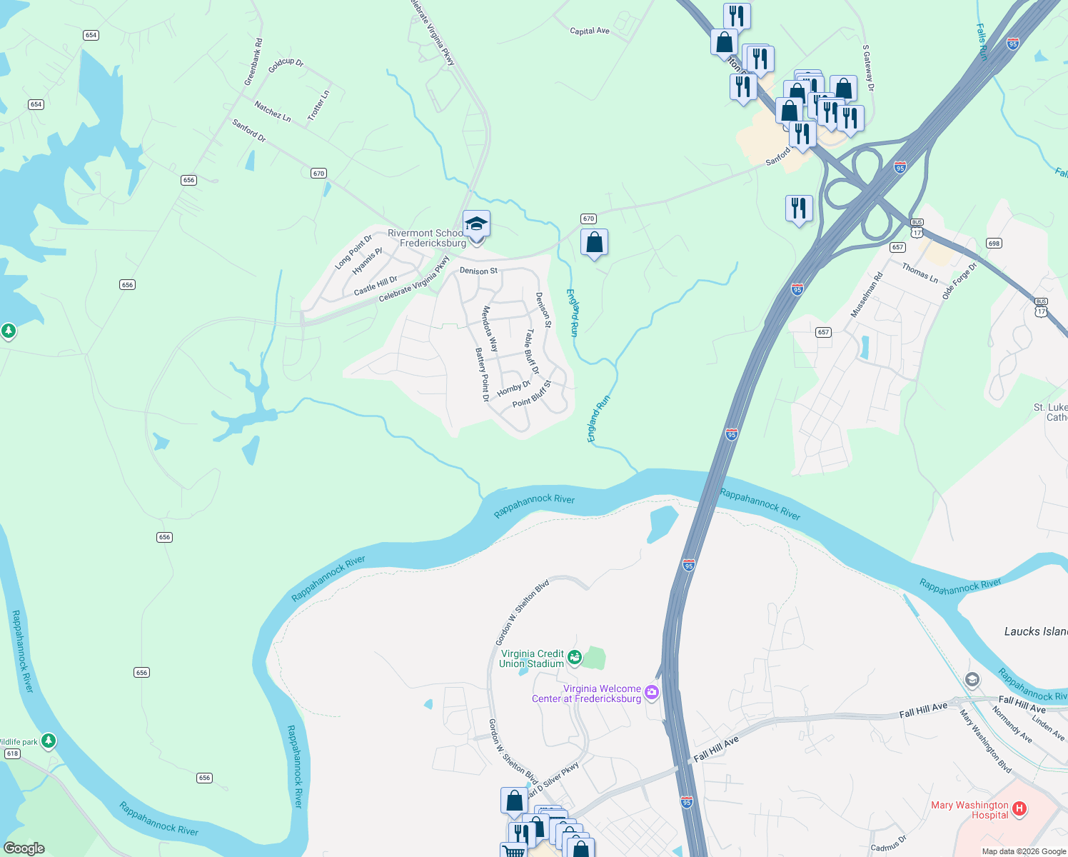 map of restaurants, bars, coffee shops, grocery stores, and more near 102 Battery Point Drive in Fredericksburg