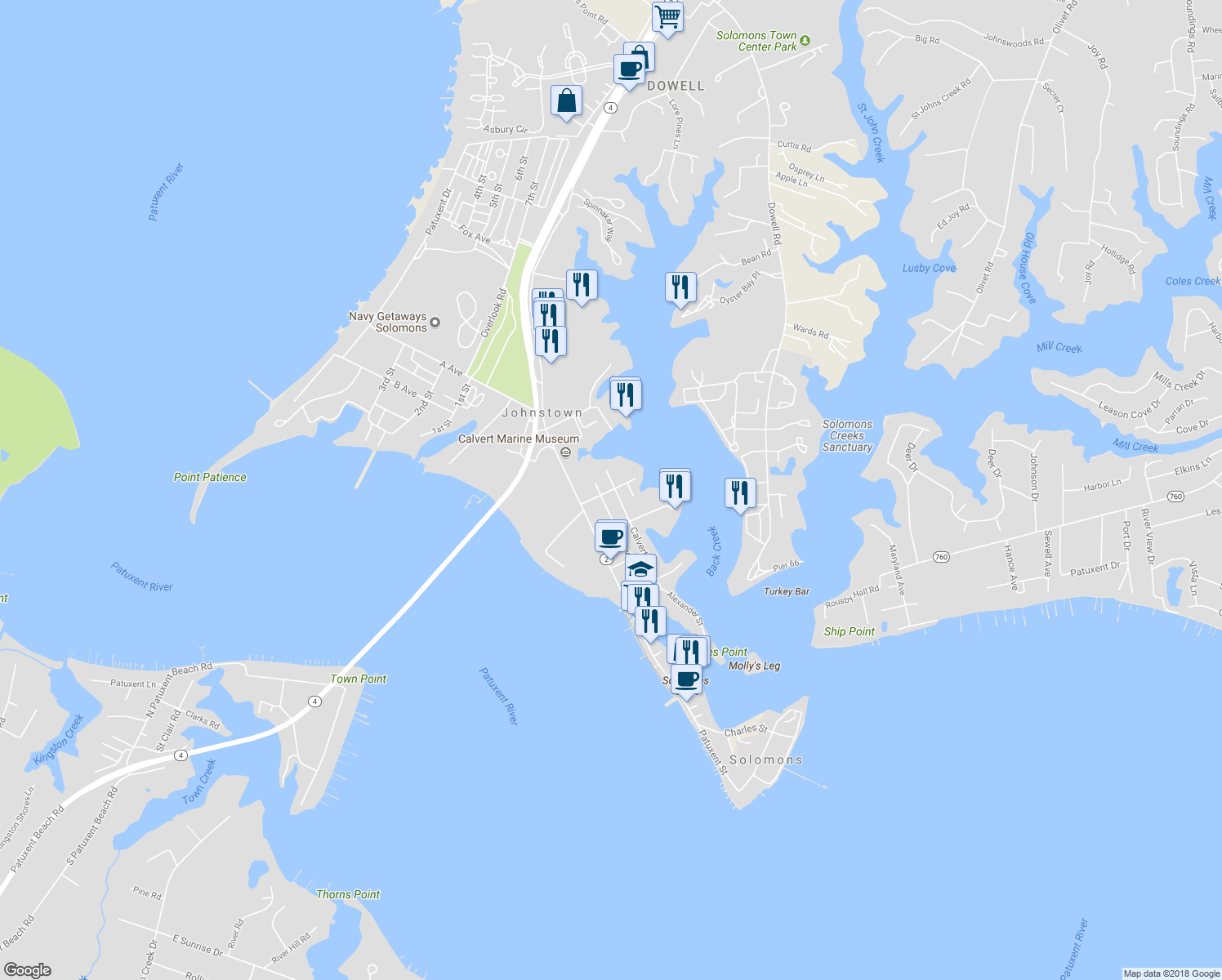map of restaurants, bars, coffee shops, grocery stores, and more near 196 Langley Lane in Solomons