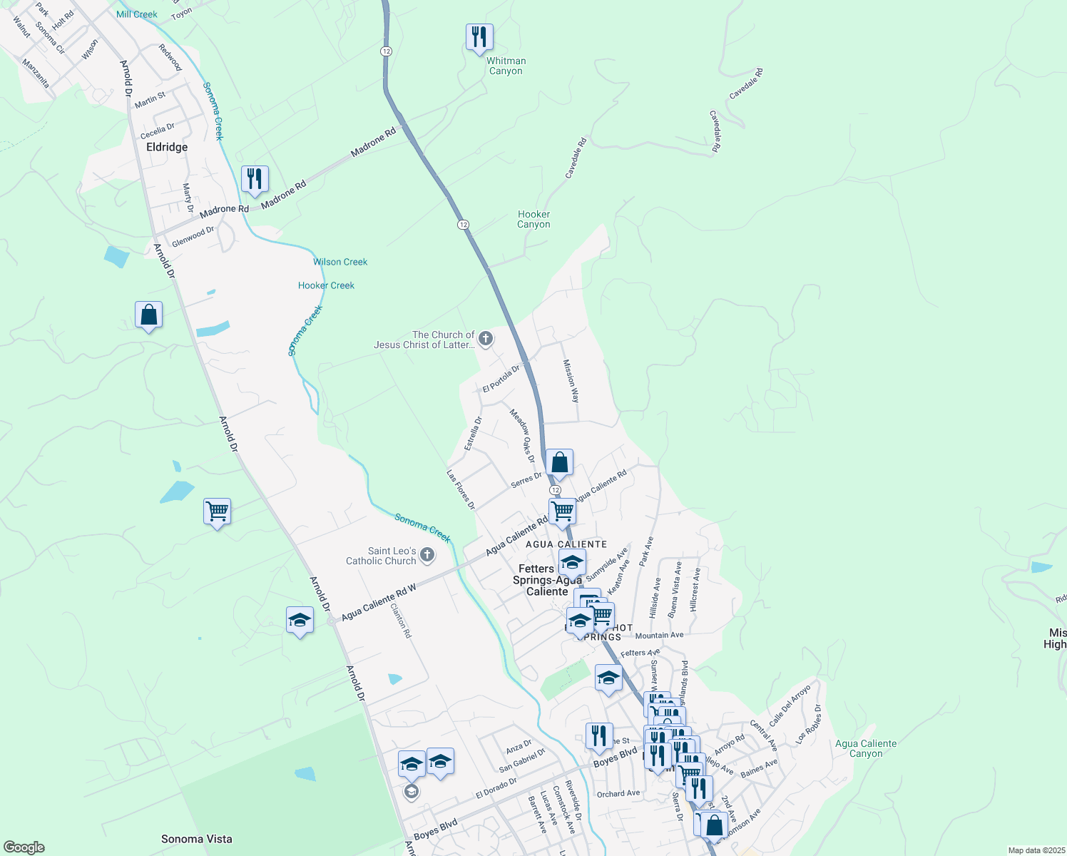 map of restaurants, bars, coffee shops, grocery stores, and more near 16591 Meadow Oaks Drive in Sonoma