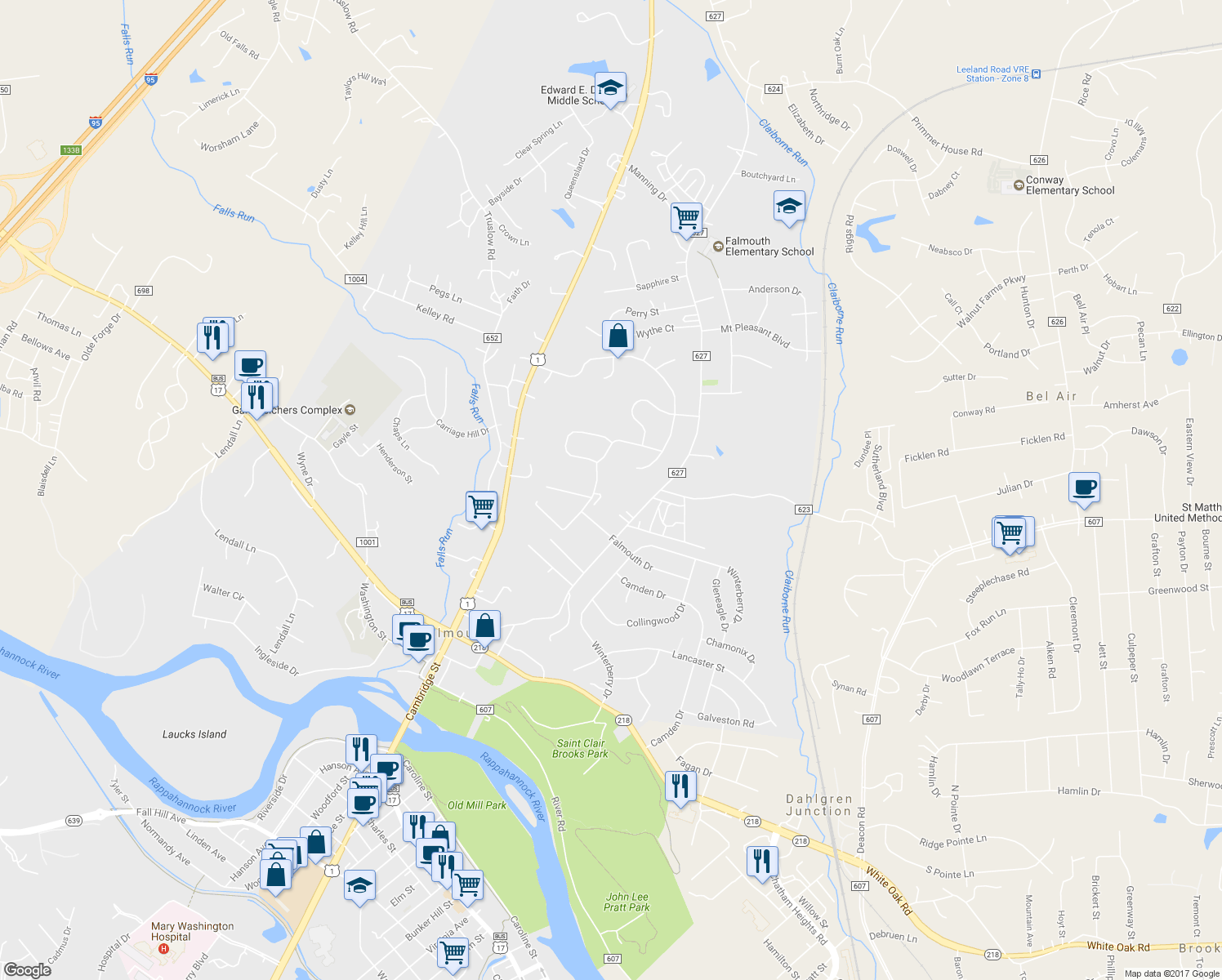 map of restaurants, bars, coffee shops, grocery stores, and more near 439 Ridgemore Street in Fredericksburg
