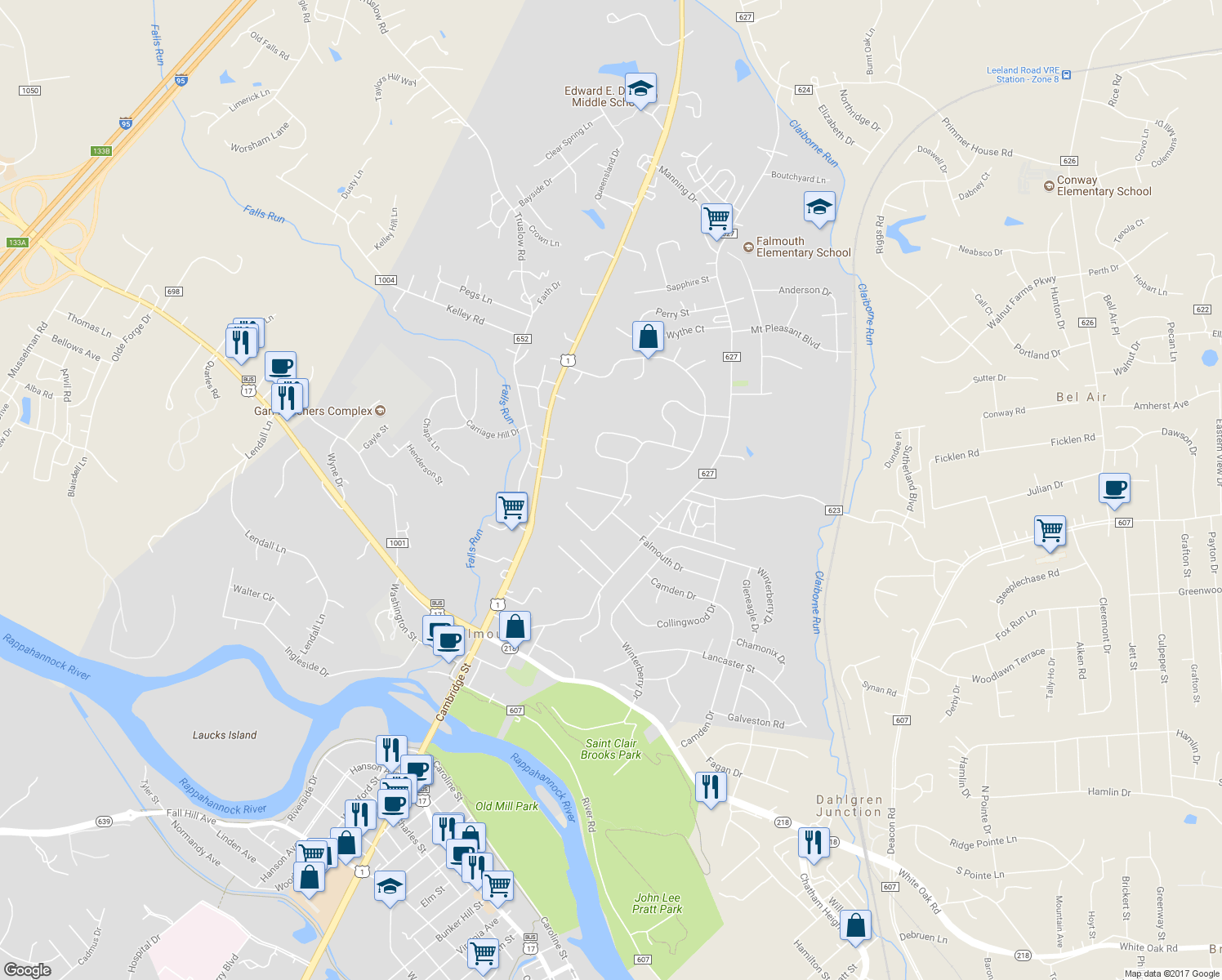 map of restaurants, bars, coffee shops, grocery stores, and more near 212 Overlook Court in Fredericksburg