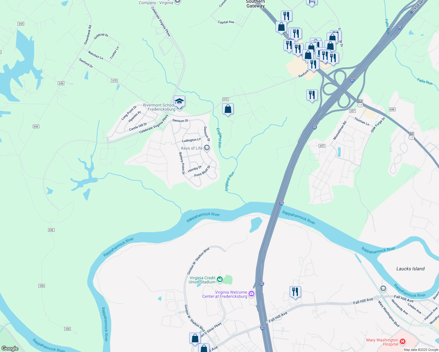 map of restaurants, bars, coffee shops, grocery stores, and more near 187 Denison Street in Fredericksburg
