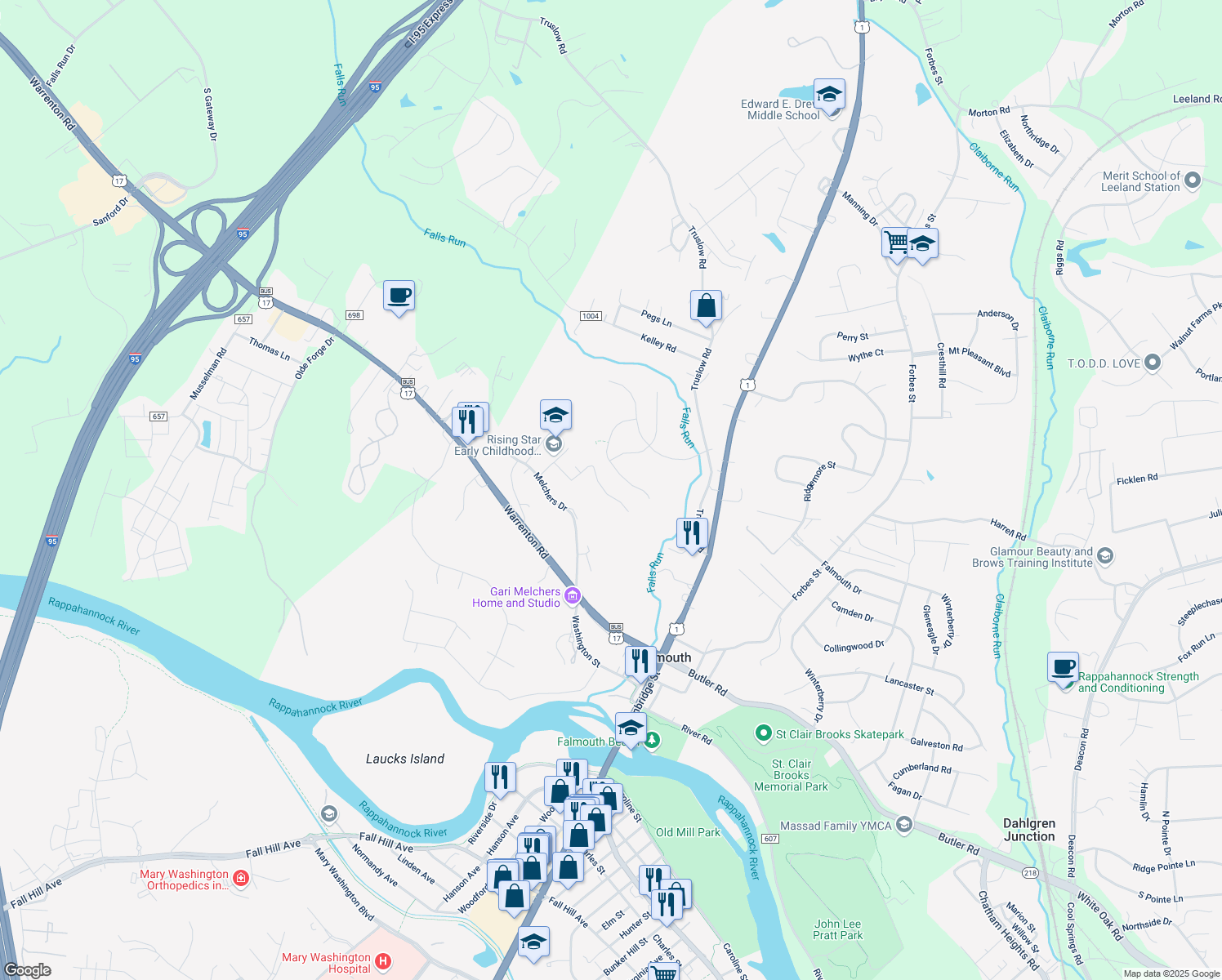map of restaurants, bars, coffee shops, grocery stores, and more near 710 Henderson Street in Fredericksburg