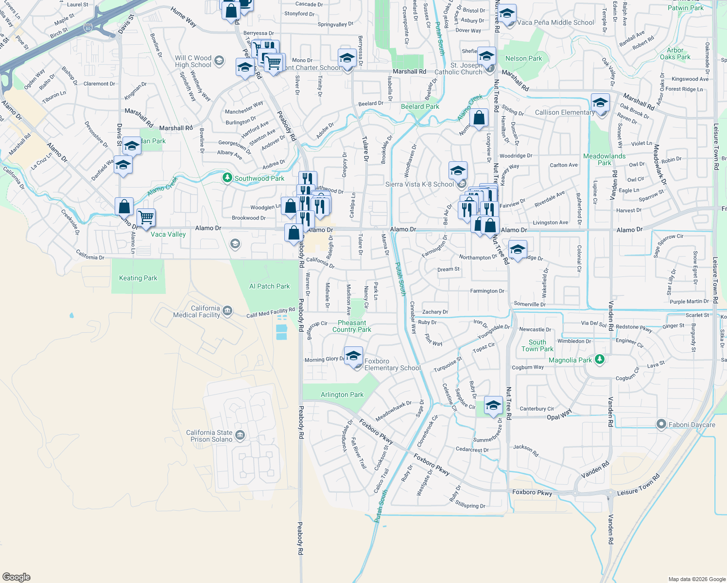 map of restaurants, bars, coffee shops, grocery stores, and more near 356 Nancy Circle in Vacaville