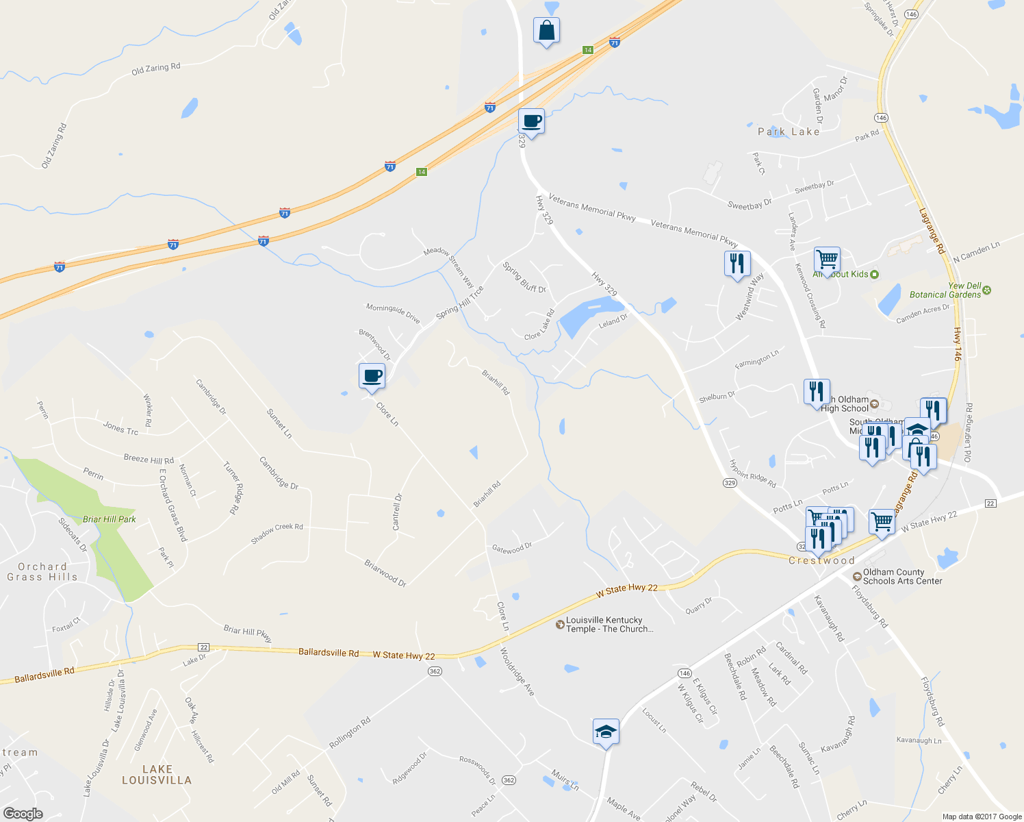 map of restaurants, bars, coffee shops, grocery stores, and more near 6710 Briarhill Road in Crestwood