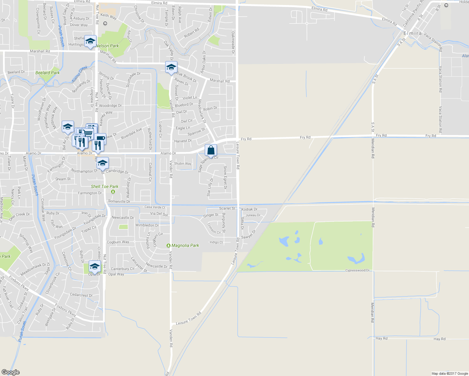 map of restaurants, bars, coffee shops, grocery stores, and more near 4013 Star Tulip Court in Vacaville