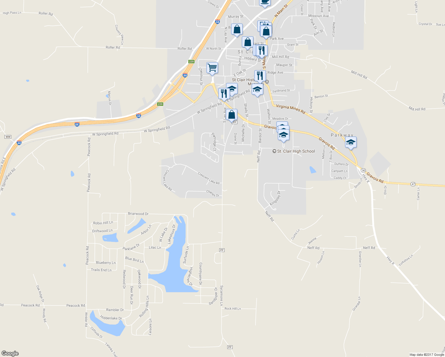 map of restaurants, bars, coffee shops, grocery stores, and more near 1314 Sycamore Lane in Saint Clair