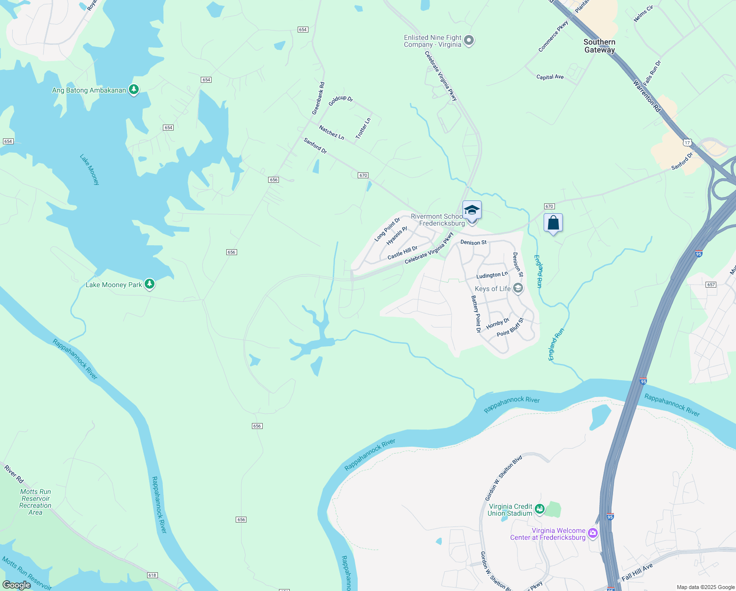 map of restaurants, bars, coffee shops, grocery stores, and more near 5909 Avery Point Drive in Fredericksburg