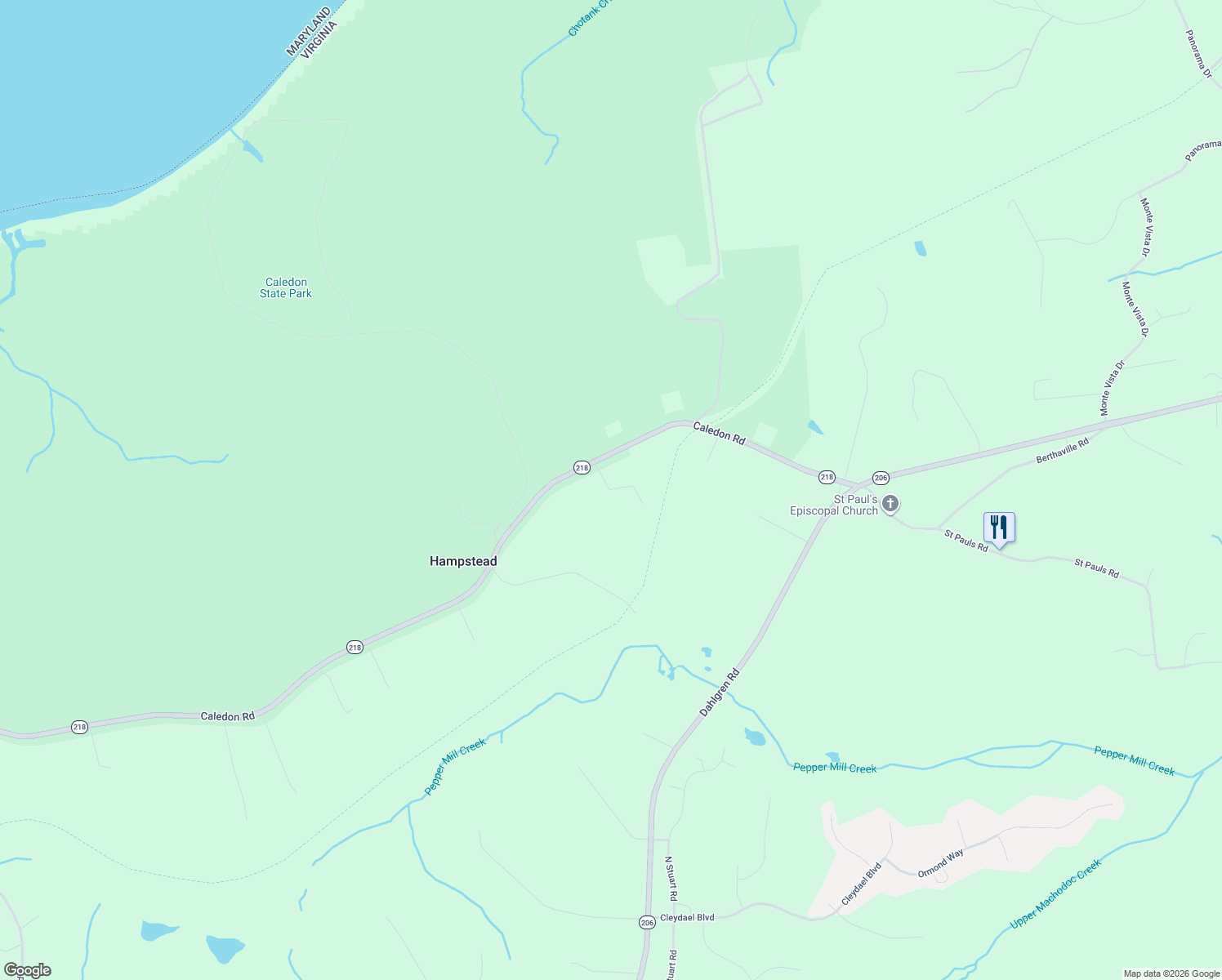 map of restaurants, bars, coffee shops, grocery stores, and more near Hewitt Place Way in King George