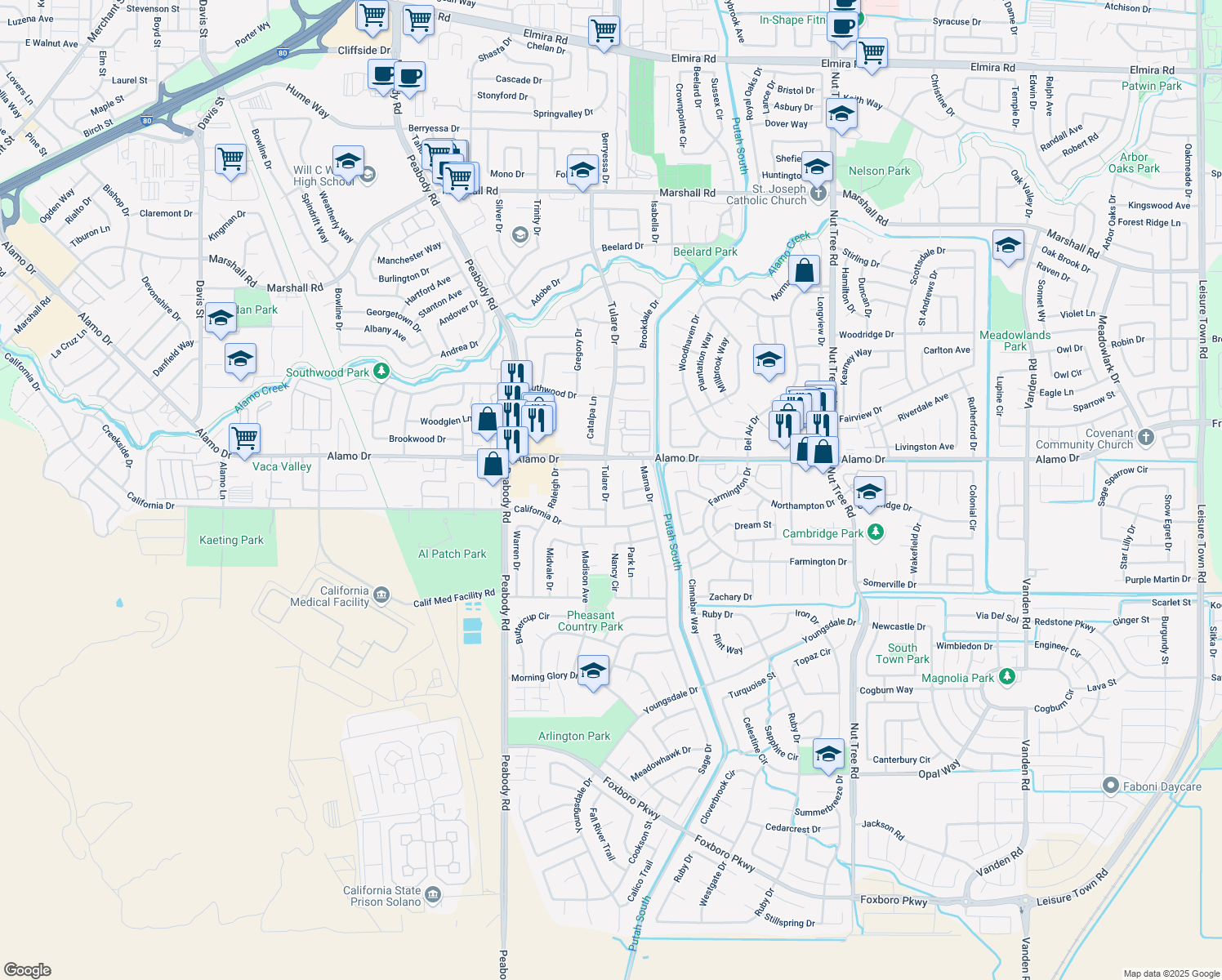 map of restaurants, bars, coffee shops, grocery stores, and more near 1137 Tulare Dr in Vacaville