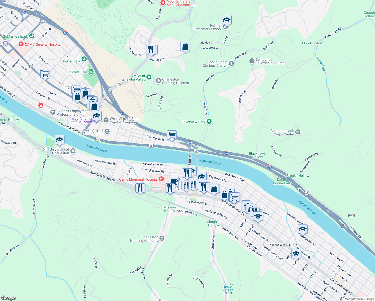 map of restaurants, bars, coffee shops, grocery stores, and more near 2521 Kanawha Blvd E in Charleston