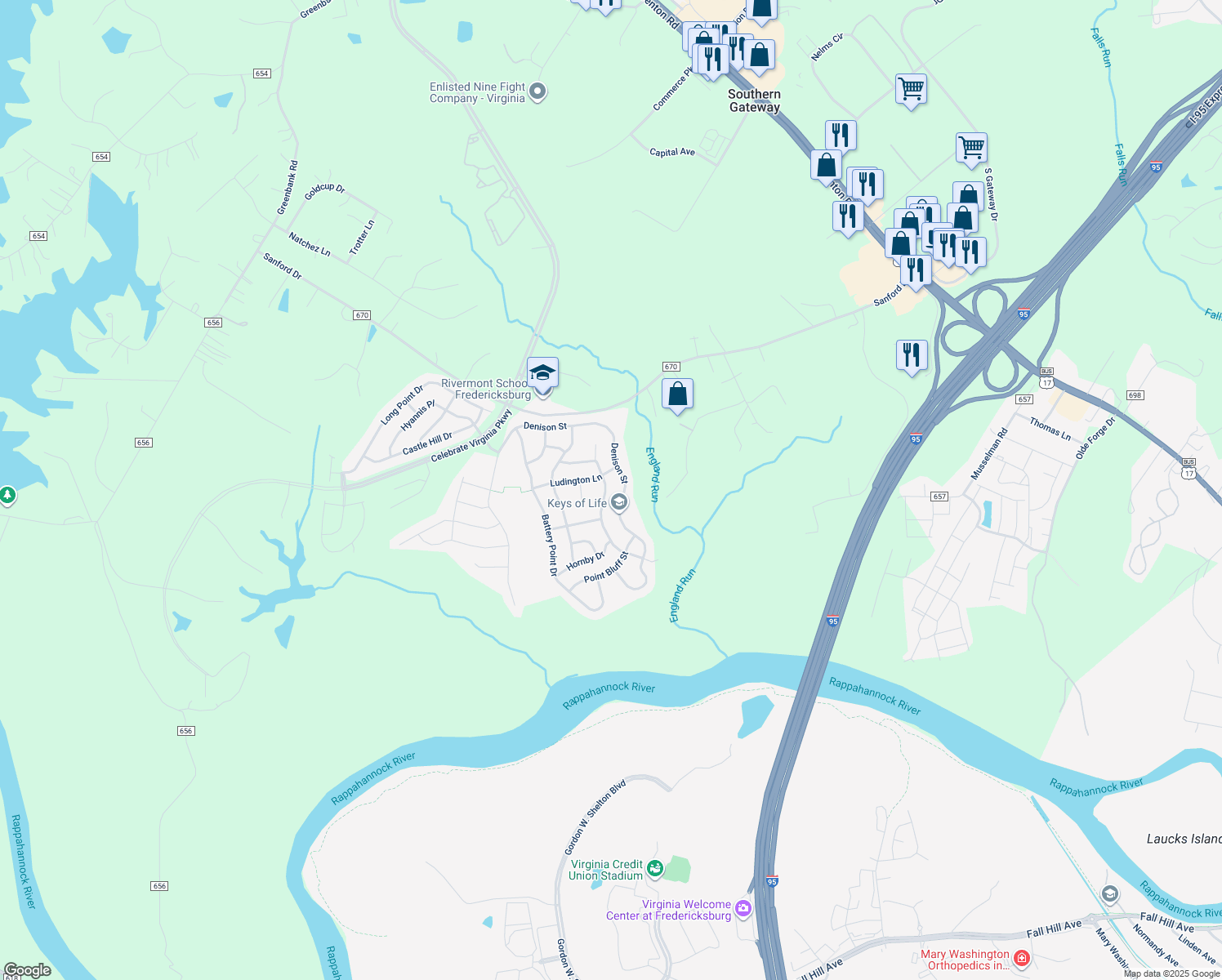 map of restaurants, bars, coffee shops, grocery stores, and more near 48 Table Bluff Drive in Fredericksburg