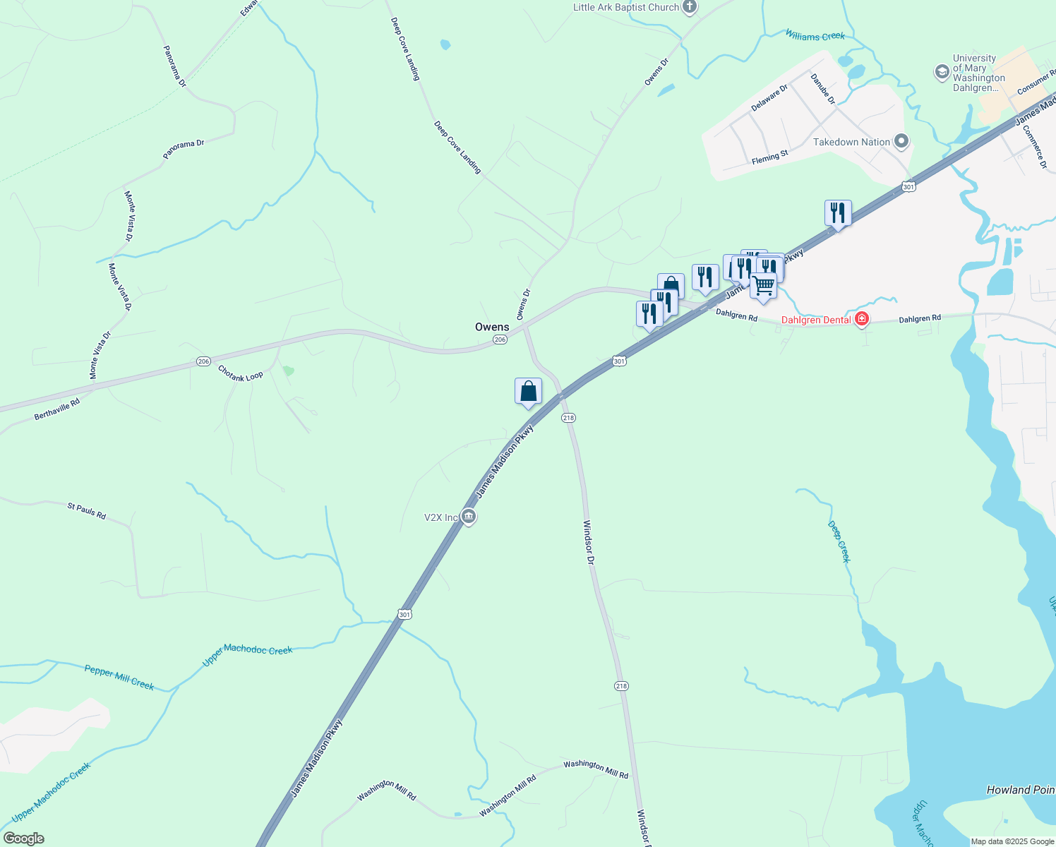 map of restaurants, bars, coffee shops, grocery stores, and more near 5688 James Madison Parkway in King George