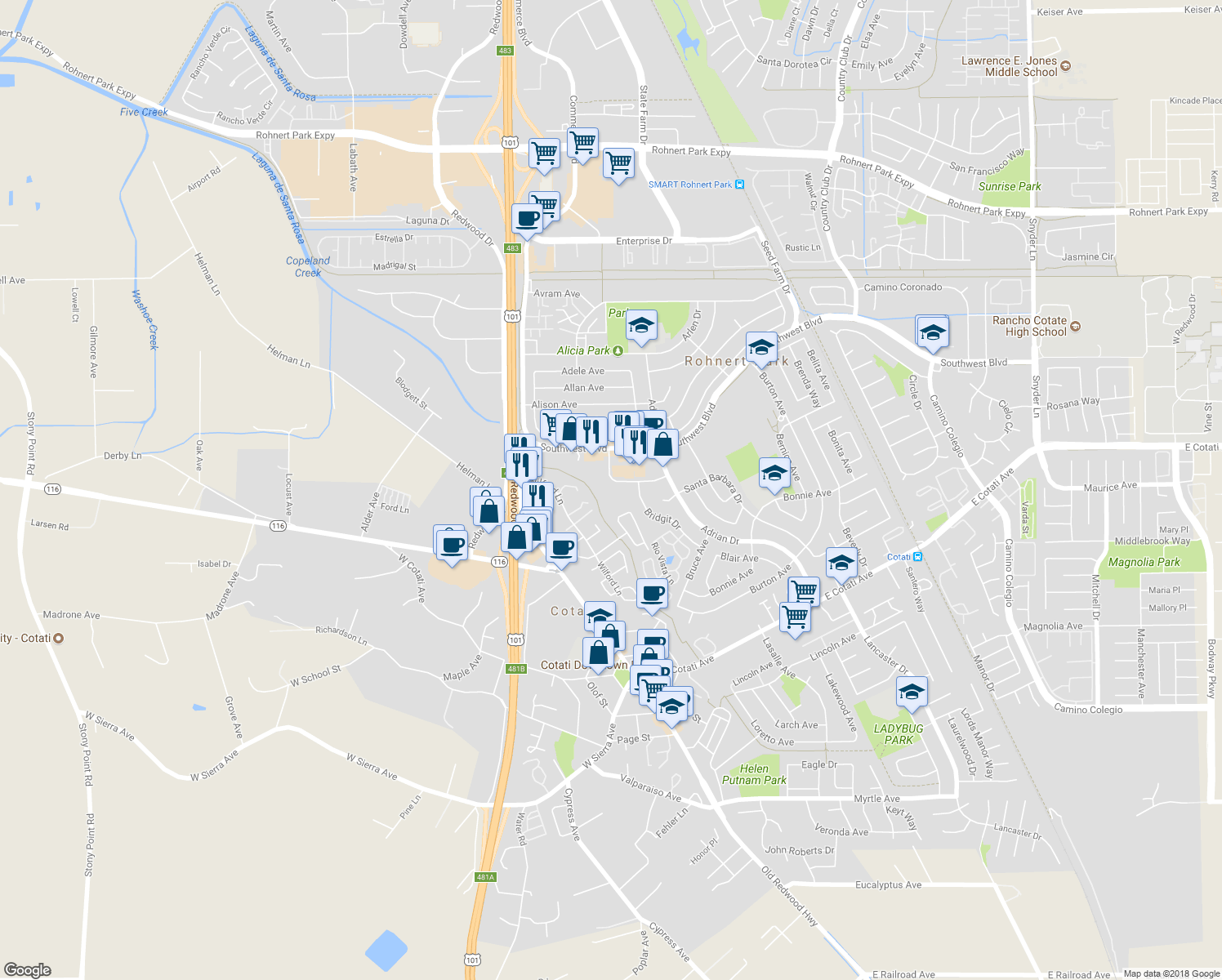 map of restaurants, bars, coffee shops, grocery stores, and more near 217 College View Drive in Rohnert Park