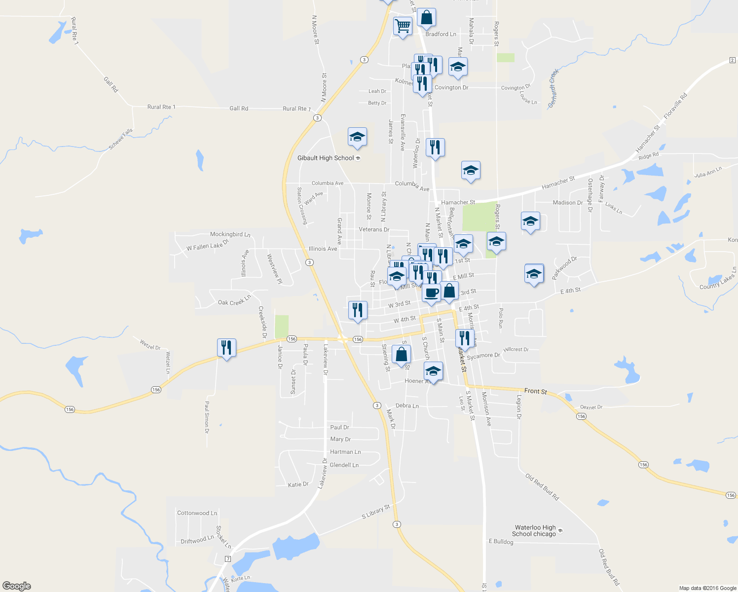 map of restaurants, bars, coffee shops, grocery stores, and more near 500 West Mill Street in Waterloo
