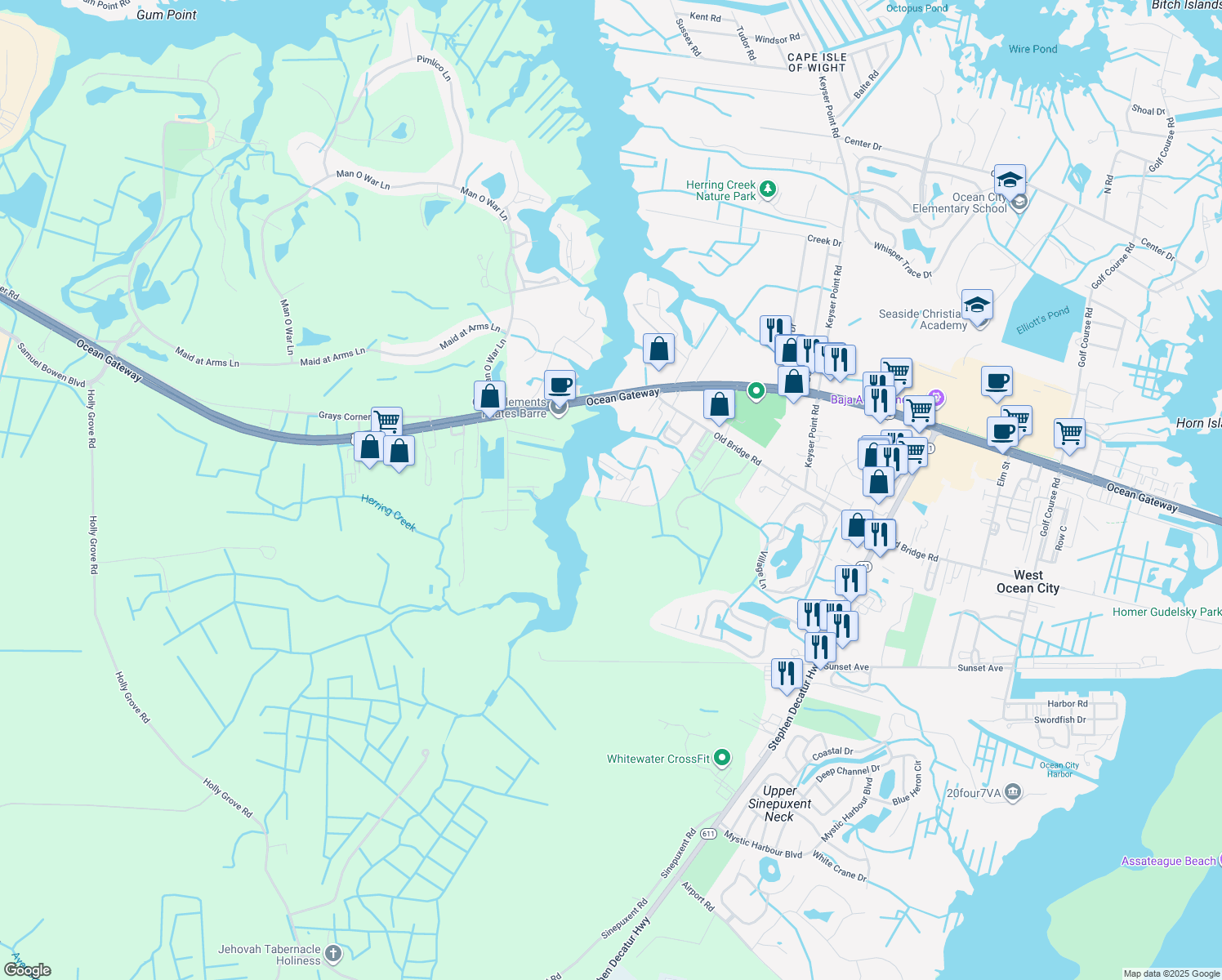map of restaurants, bars, coffee shops, grocery stores, and more near 12239 Greenridge Lane Road in Ocean City