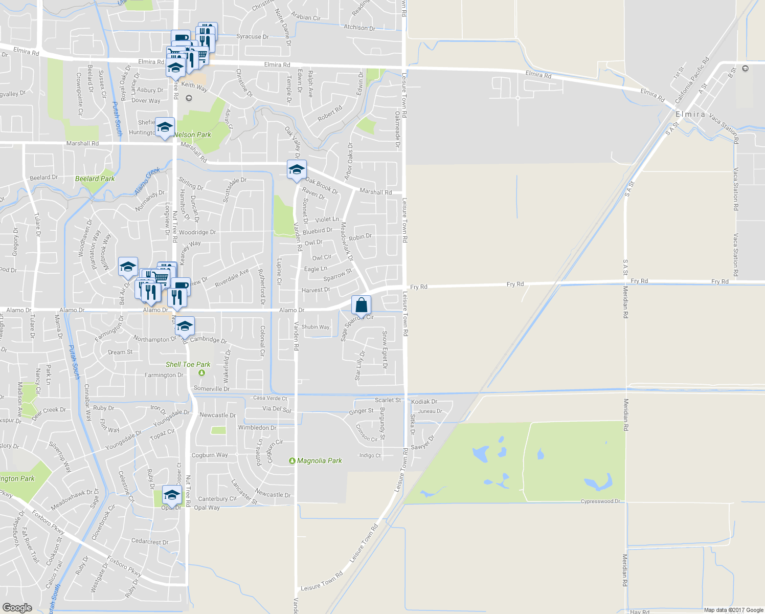 map of restaurants, bars, coffee shops, grocery stores, and more near 1055 Countrywood Lane in Vacaville