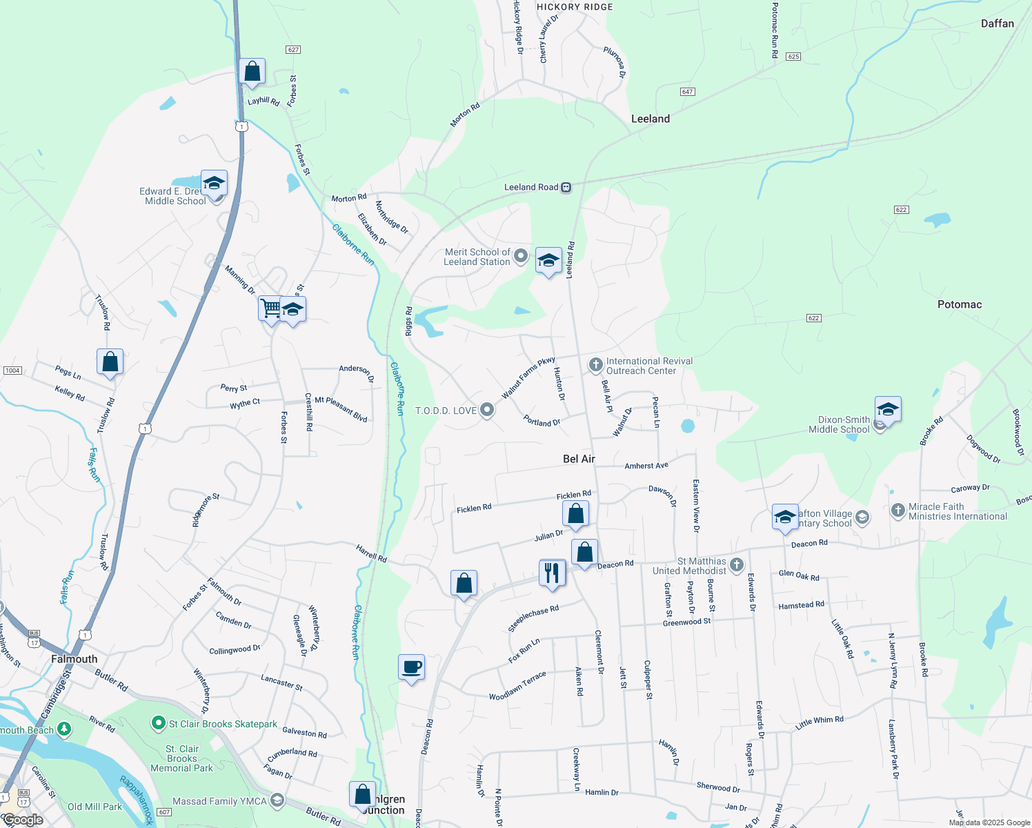 map of restaurants, bars, coffee shops, grocery stores, and more near 395 Portland Drive in Fredericksburg