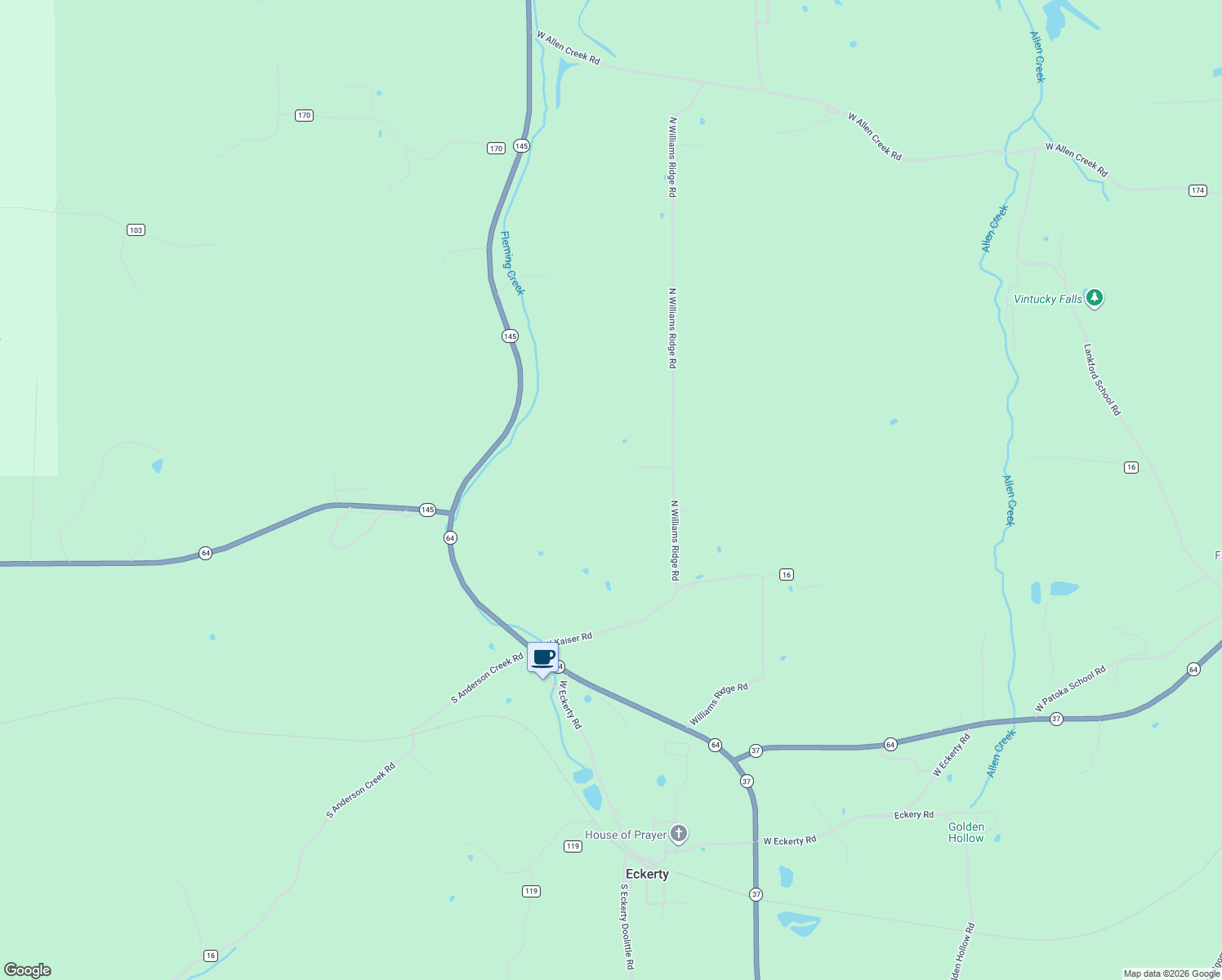 map of restaurants, bars, coffee shops, grocery stores, and more near 401 North Williams Ridge Road in Eckerty