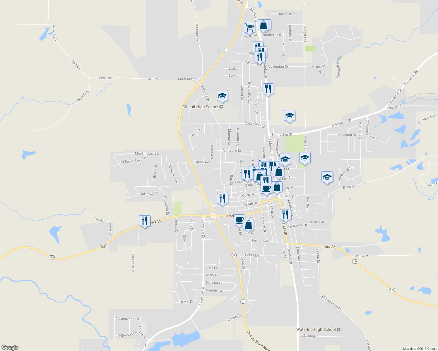 map of restaurants, bars, coffee shops, grocery stores, and more near 225 North Moore Street in Waterloo