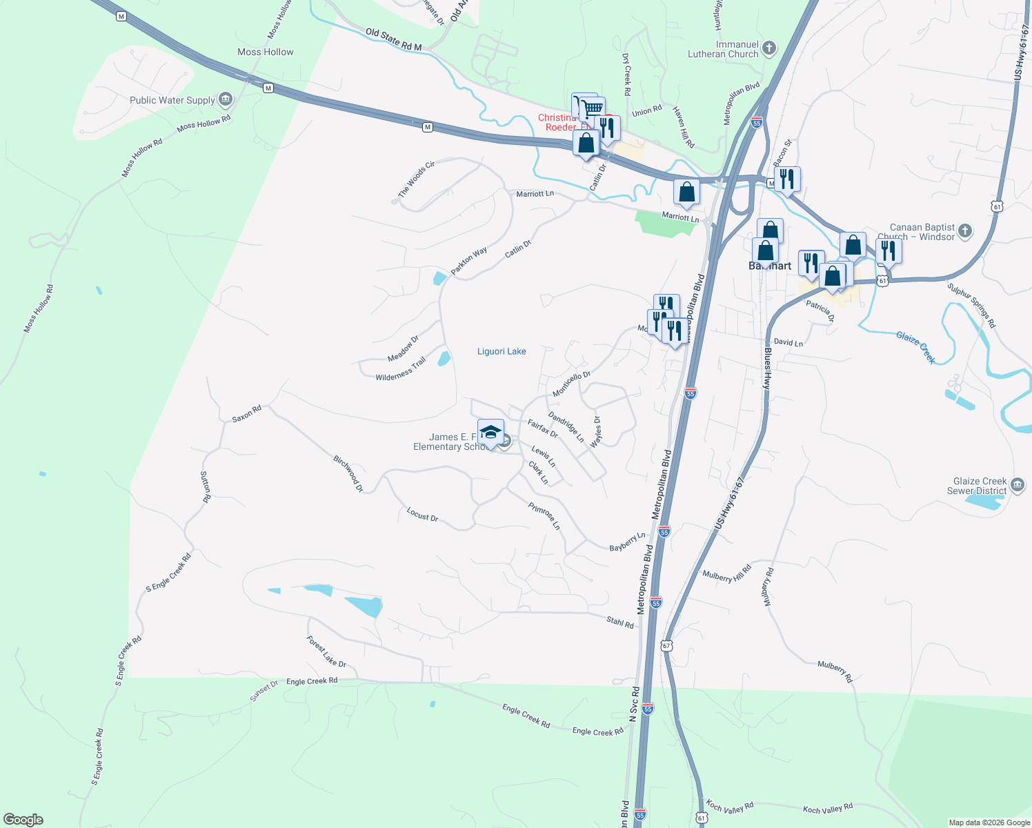 map of restaurants, bars, coffee shops, grocery stores, and more near 7310 Fairfax Court in Barnhart