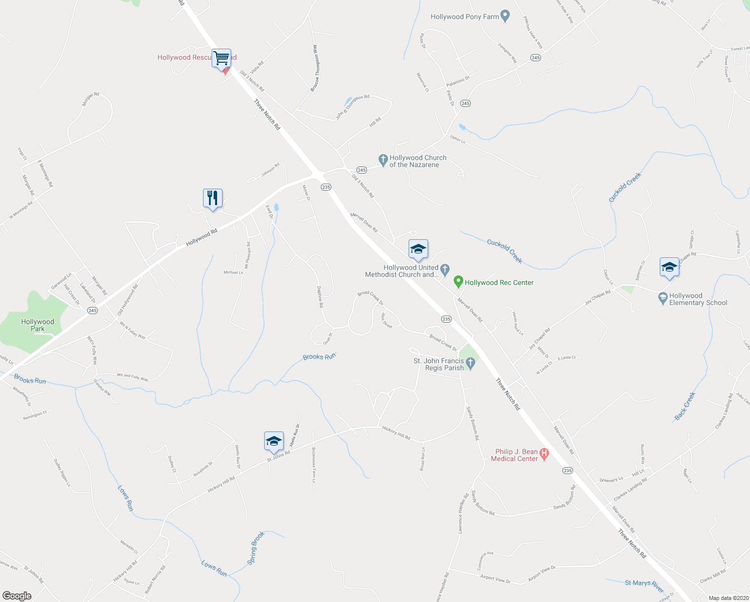 map of restaurants, bars, coffee shops, grocery stores, and more near 24655 Broad Creek Dr in St. Mary's