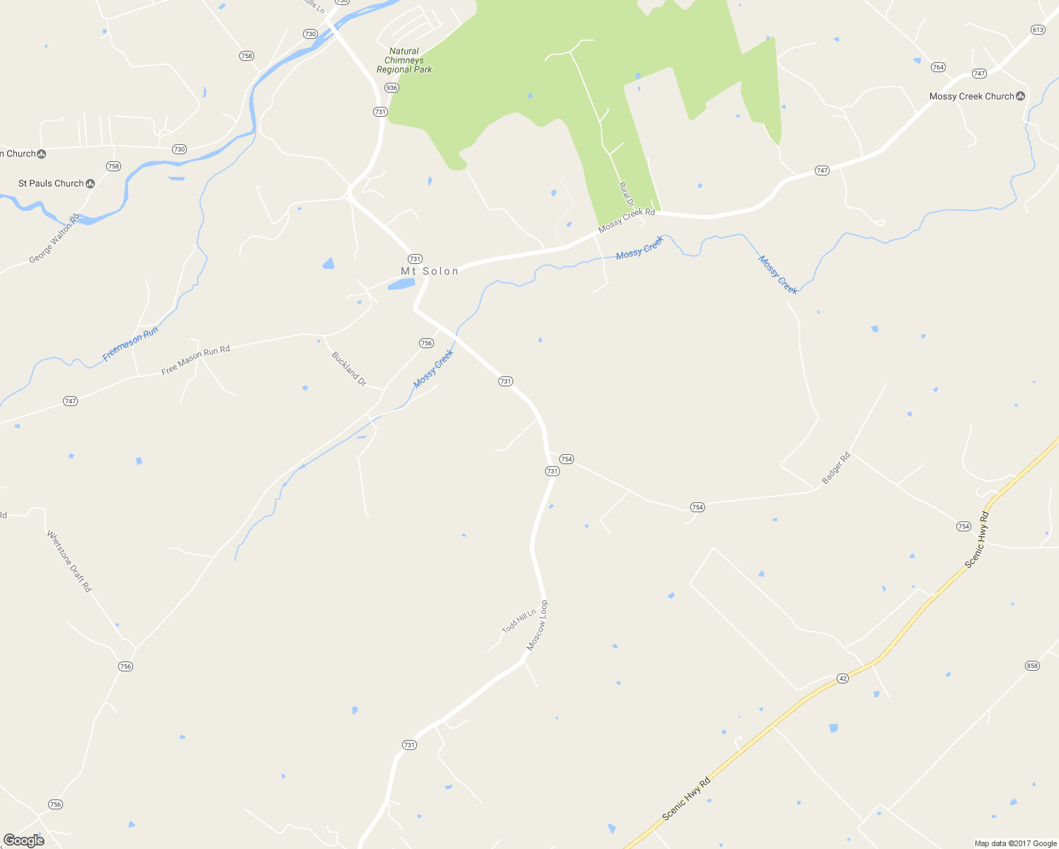 map of restaurants, bars, coffee shops, grocery stores, and more near 686 Natural Chimneys Road in Mount Solon